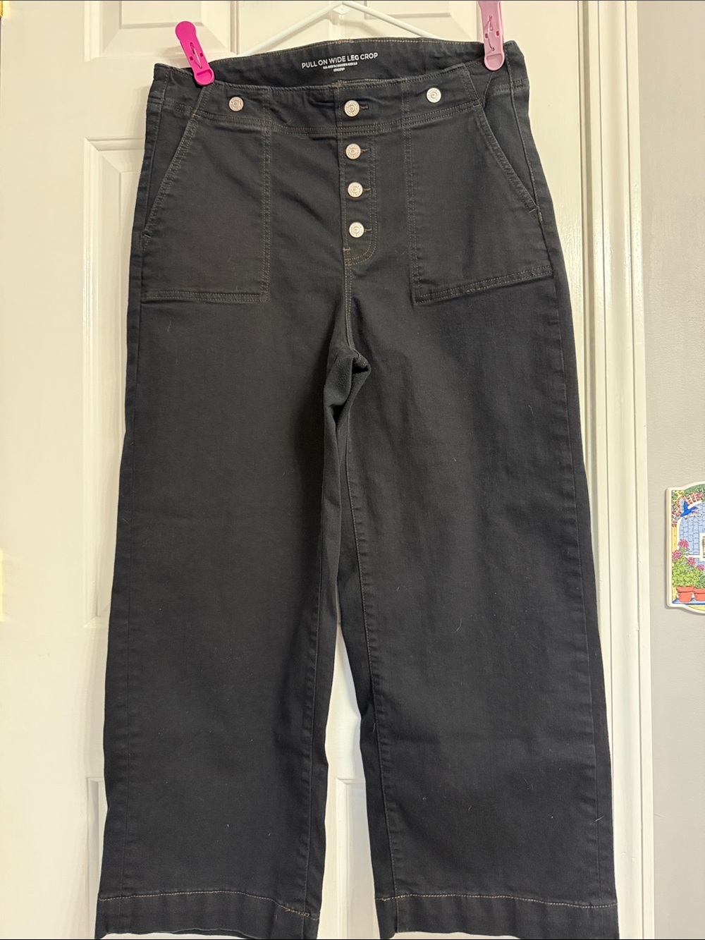 Chico's Black Pull-On Wide Leg Crop with Button-Front